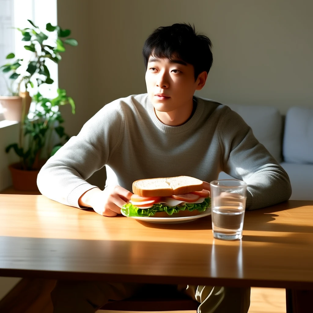 男性在餐桌前吃輕食，居家生活風格